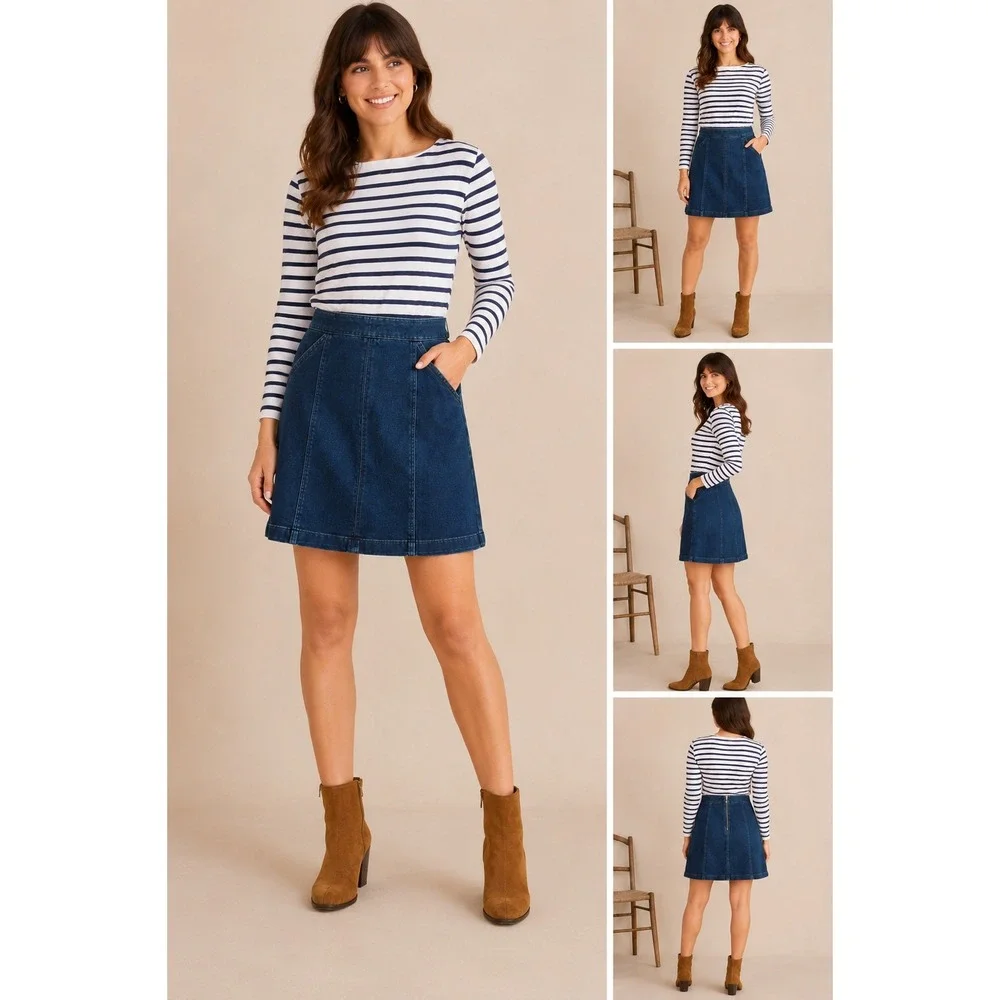 Boden Dark Indigo Denim A-Line Mini Skirt Blue Seam Detail Size US 10R Medium - Picture 1 of 7
